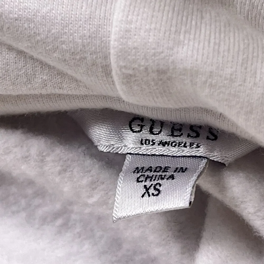 GUESS Cropped Hoodie Womens XS White Pink Flame Logo Y2K Streetwear Raw Hem
